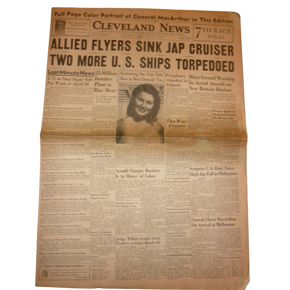 1942 Cleveland News WWII‎ Newspaper General MacArthur Pacific War